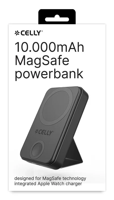 Celly MAGPBW10000BK Batería Externa 10000 mAh con Carga Inalámbrica y Compatibilidad MagSafe para Teléfono y Smartwatch - Negro