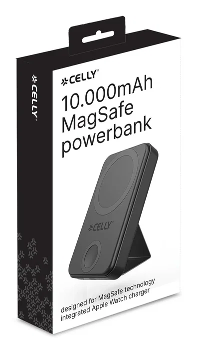 Celly MAGPBW10000BK Batería Externa 10000 mAh con Carga Inalámbrica y Compatibilidad MagSafe para Teléfono y Smartwatch - Negro