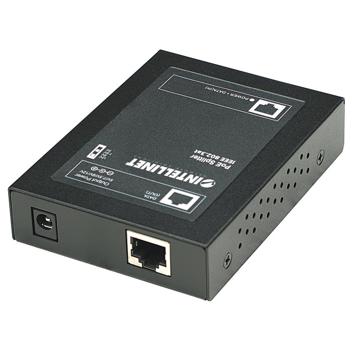 Intellinet PoE+ Splitter IEEE802.3at Gigabit, Salida DC 5/7.5/9/12V, 25.4W, Negro, Metal, Certificado FCC/CE
