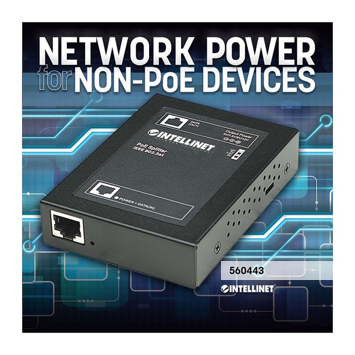 Intellinet PoE+ Splitter IEEE802.3at Gigabit, Salida DC 5/7.5/9/12V, 25.4W, Negro, Metal, Certificado FCC/CE