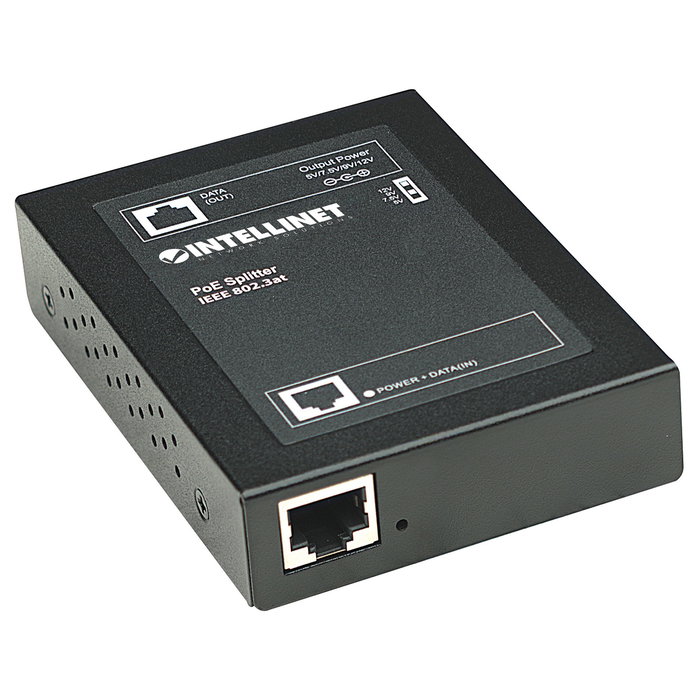 Intellinet PoE+ Splitter IEEE802.3at Gigabit, Salida DC 5/7.5/9/12V, 25.4W, Negro, Metal, Certificado FCC/CE