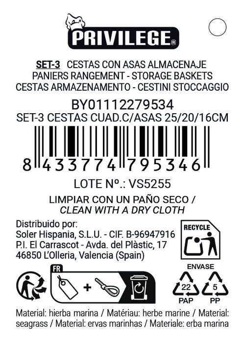 Inde Set 3 Cestas Cuadradas con Asas 25 cm, 20 cm, 16 cm (8 Unidades)
