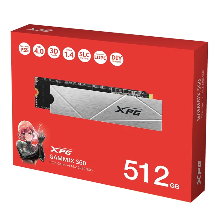 XPG GAMMIX S60 S60-512G-CS | SSD M.2 PCIe 4.0 NVMe 1.4 | 512 GB | Velocidad Lectura 4700 MB/s | Factor de Forma 2280 | Para PC y PlayStation 5