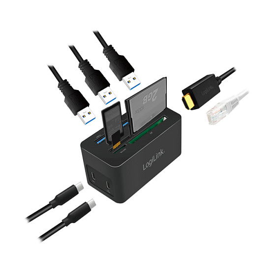 LogiLink UA0370 Docking Station USB 3.2 Gen 1 (10 Puertos) con HDMI, PD 60W, Ethernet Gigabit, Lector de Tarjetas, 4K, Plug and Play, Negro