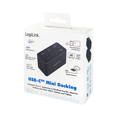 LogiLink UA0370 Docking Station USB 3.2 Gen 1 (10 Puertos) con HDMI, PD 60W, Ethernet Gigabit, Lector de Tarjetas, 4K, Plug and Play, Negro