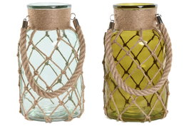 DKD Home Decor Portavelas de Cristal con Cuerda, Surtido Azul y Verde