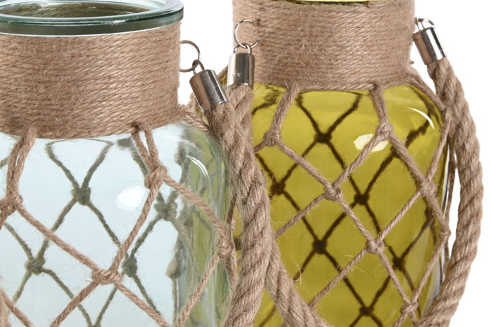 DKD Home Decor Portavelas de Cristal con Cuerda, Surtido Azul y Verde
