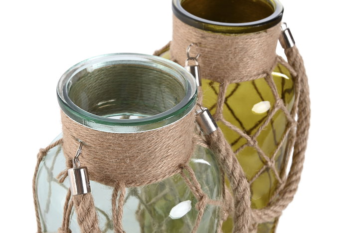 DKD Home Decor Portavelas de Cristal con Cuerda, Surtido Azul y Verde