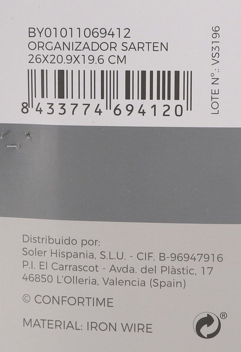 Confortime Organizador para Sartenes 26 cm x 20.9 cm x 19.6 cm Colección White (12 Unidades)
