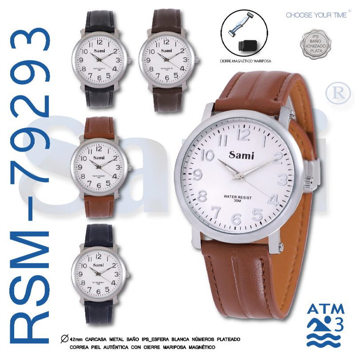 SAMI Reloj de Hombre Redondo con Correa de Piel y Cierre de Mariposa