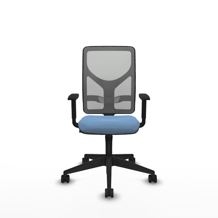 Silla de oficina Motilla con mecanismo Sincro tapizada con Tela color Azul cielo y malla color Gris. Equipada con lumbar 1D, Brazos 1D y Ruedas 65mm nailon