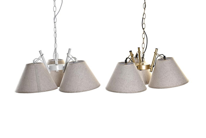 DKD Home Decor Lámpara de Techo Moderna Dorado Blanco Metal Lino 3 Pantallas E27 46x30x50 cm (2 Unidades)