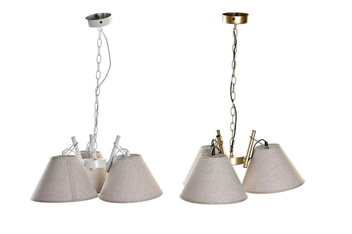 DKD Home Decor Lámpara de Techo Moderna Dorado Blanco Metal Lino 3 Pantallas E27 46x30x50 cm (2 Unidades)