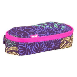 Milan Portatodo Ovalado Serie Especial Fireflies Lila Estuche Escolar con Compartimento Interior de Malla y Estampado de Vegetación y Hojas en Lila