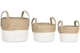DKD Home Decor Set de 3 Cestos de Fibra y Algodón Crema