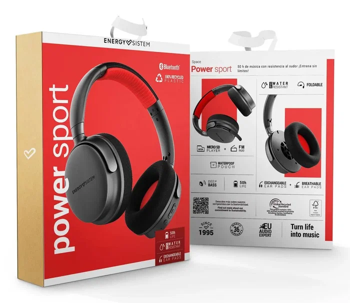 Energy Sistem Power Sport - Auriculares Deportivos Diadema Bluetooth 5.3 y Alámbricos, 50h Batería, IPX5, Radio FM, Lector MP3 MicroSD, Almohadillas Intercambiables, Negro y Rojo