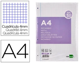 Liderpapel Recambio A4 250 Hojas 90gr Cuadro 4mm Con Margen 4 Taladros