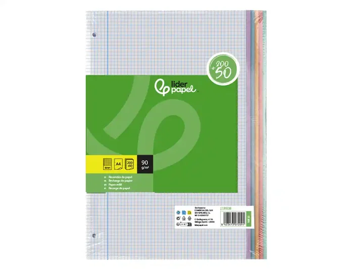 Liderpapel Recambio A4 250 Hojas 90gr Cuadro 4mm Con Margen 4 Taladros