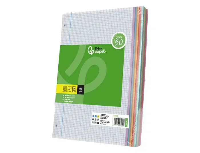 Liderpapel Recambio A4 250 Hojas 90gr Cuadro 4mm Con Margen 4 Taladros
