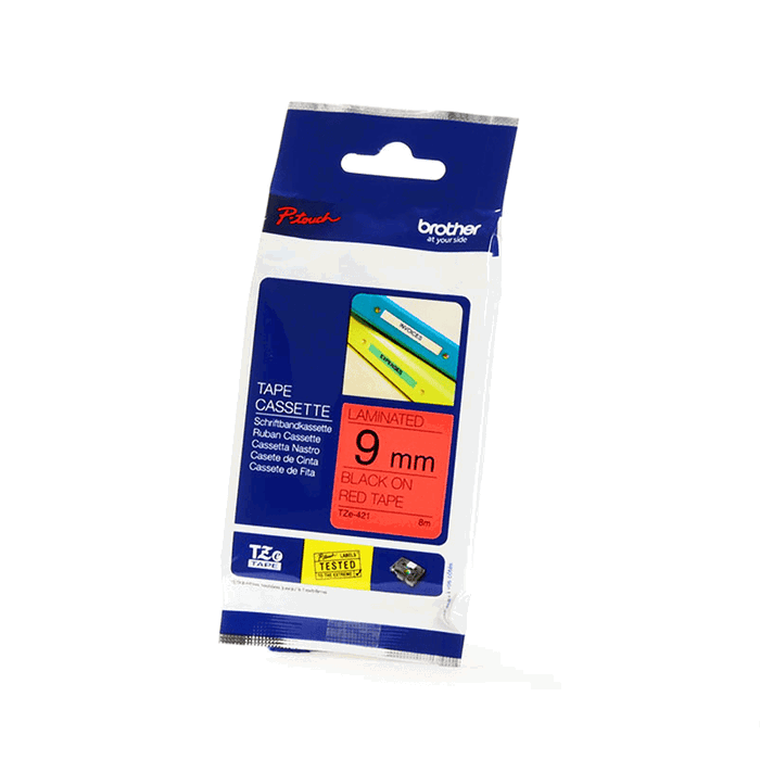 Brother Cinta Laminada TZe421 9mm x 8m Negro sobre Rojo