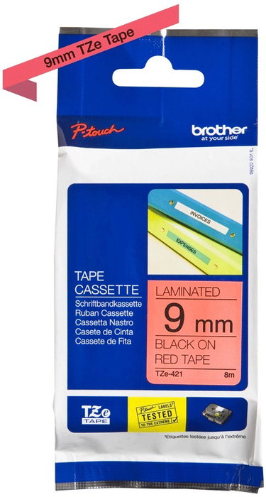 Brother Cinta Laminada TZe421 9mm x 8m Negro sobre Rojo