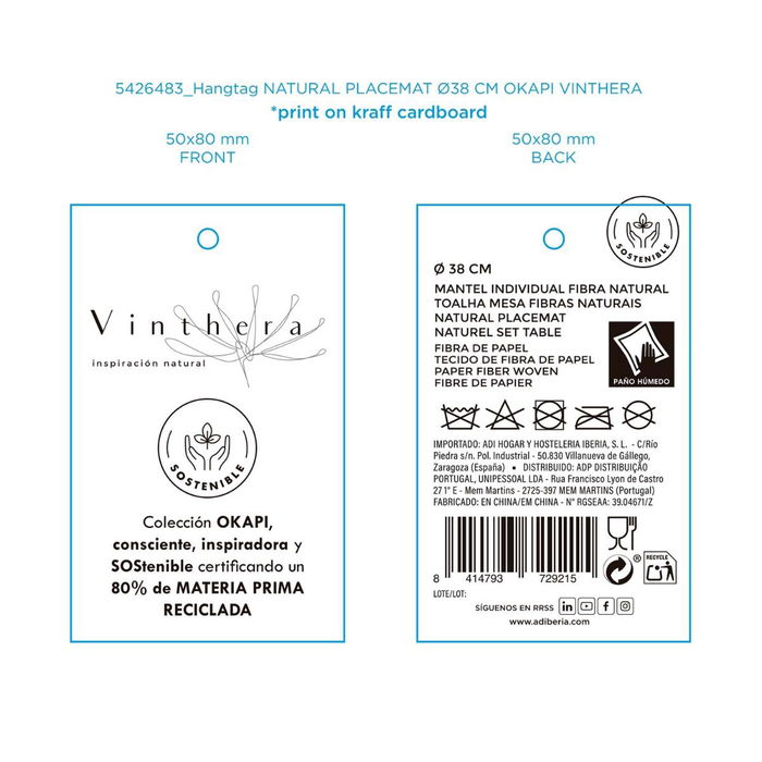 Mantel Individual 100% Fibra de Papel Okapi Vinthera 38 cm (12 Unidades) Mantel Individual 100% Fibra de Papel Okapi Vinthera 38 cm (12 Unidades)