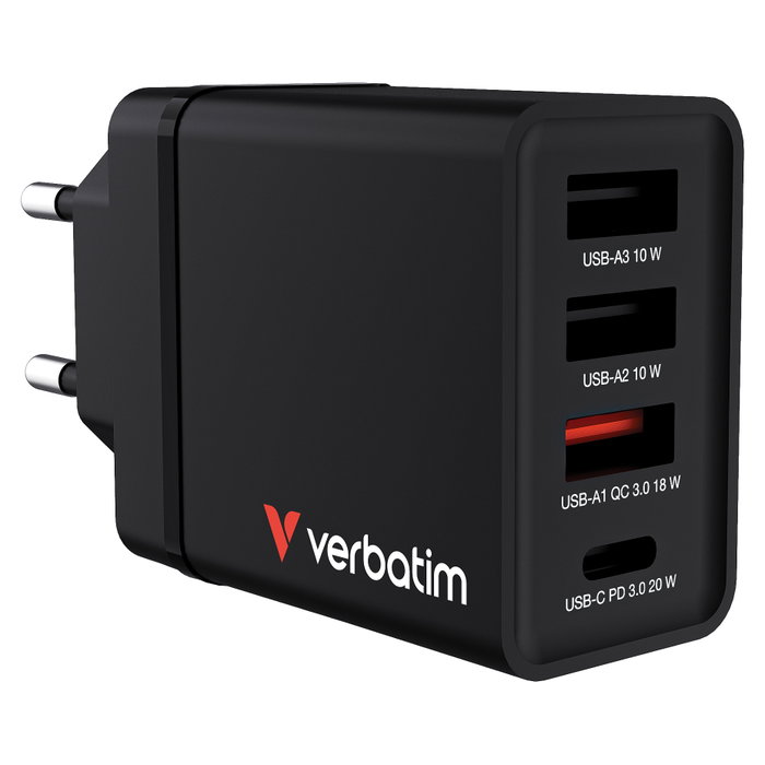 Verbatim Ladegert 30W Cargador USB-C 3x USB-A Negro PD 3.0 QC 3.0