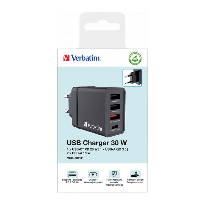 Verbatim Ladegert 30W Cargador USB-C 3x USB-A Negro PD 3.0 QC 3.0