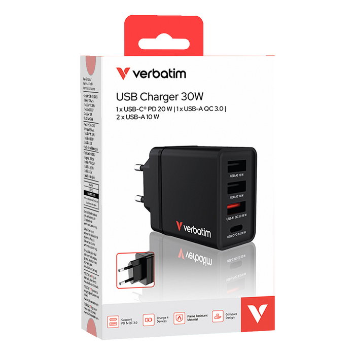 Verbatim Ladegert 30W Cargador USB-C 3x USB-A Negro PD 3.0 QC 3.0