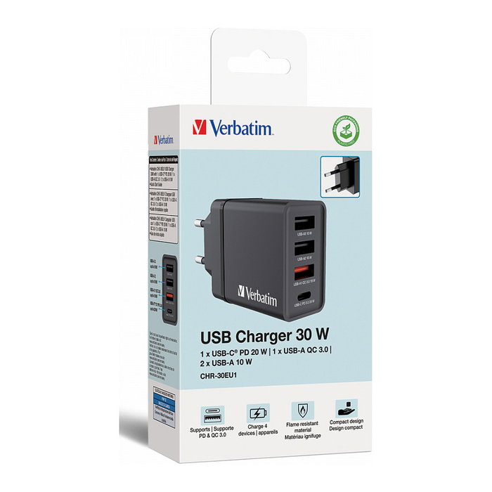 Verbatim Ladegert 30W Cargador USB-C 3x USB-A Negro PD 3.0 QC 3.0