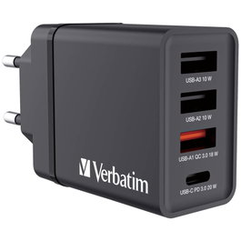 Verbatim Cargador de Pared 30W con 1x USB-C y 3x USB-A, Negro