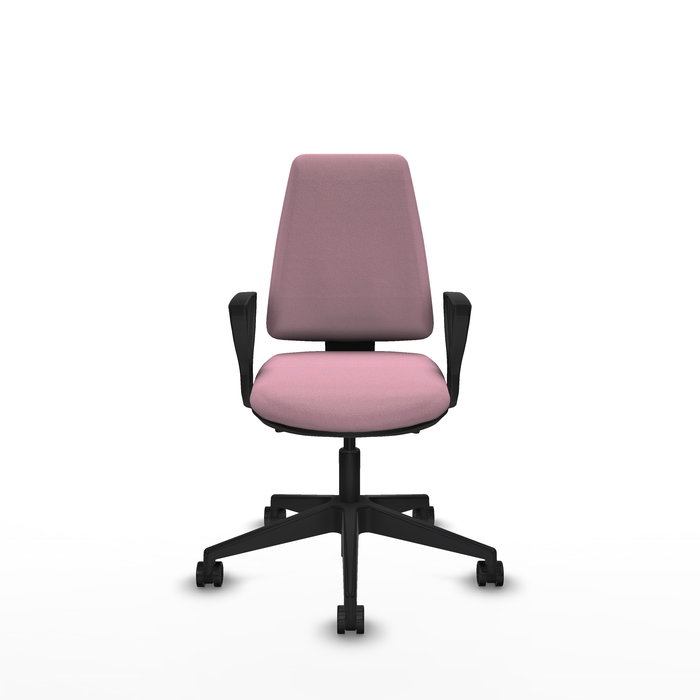 Silla de oficina Elche con mecanismo Asincro tapizada con Tela color Rosa. Equipada con Base piramidal negra, Brazos fijos y Ruedas 65mm nailon