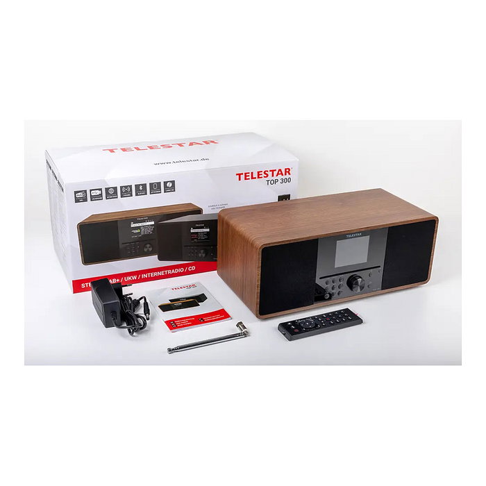 Telestar TOP 300 5701300 Radio Internet Digital DAB+ FM Bluetooth 5.3, Pantalla TFT 3.2", 30W, Madera, Estacionaria
