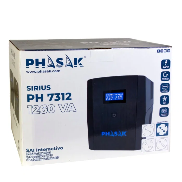 PHASAK SAI 1260VA Sirius Interactivo con AVR, toma protegida y pantalla LCD