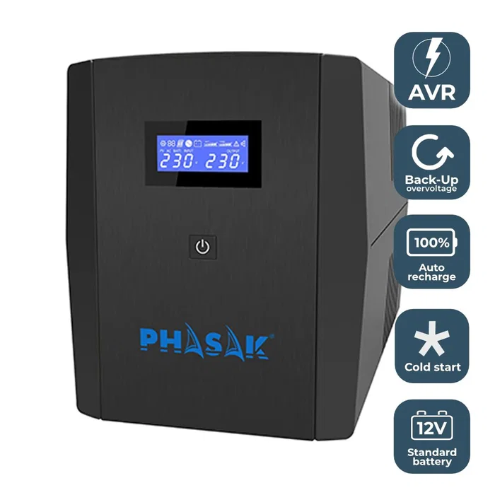 PHASAK SAI 1260VA Sirius Interactivo con AVR, toma protegida y pantalla LCD