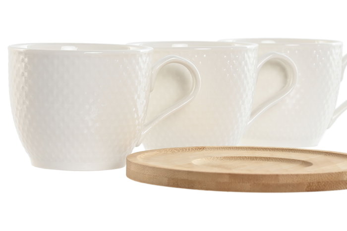 DKD Home Decor Set de Café de 6 Piezas en Porcelana y Bambú, Blanco