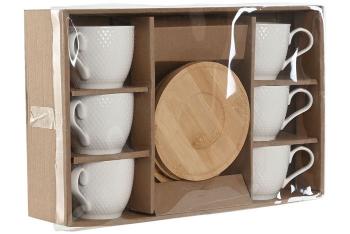 DKD Home Decor Taza de Café de Porcelana y Bambú Blanco Natural Set de 6 Piezas 220ml 8 x 7 x 11 cm