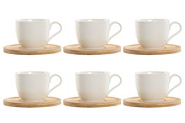 DKD Home Decor Taza de Café de Porcelana y Bambú Blanco Natural Set de 6 Piezas 220ml 8 x 7 x 11 cm