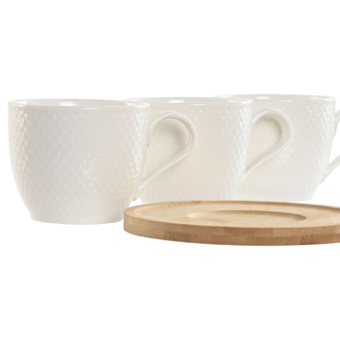 DKD Home Decor Set de Café de 6 Piezas en Porcelana y Bambú, Blanco