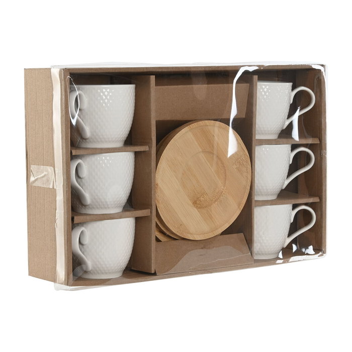 DKD Home Decor Set de Café de 6 Piezas en Porcelana y Bambú, Blanco