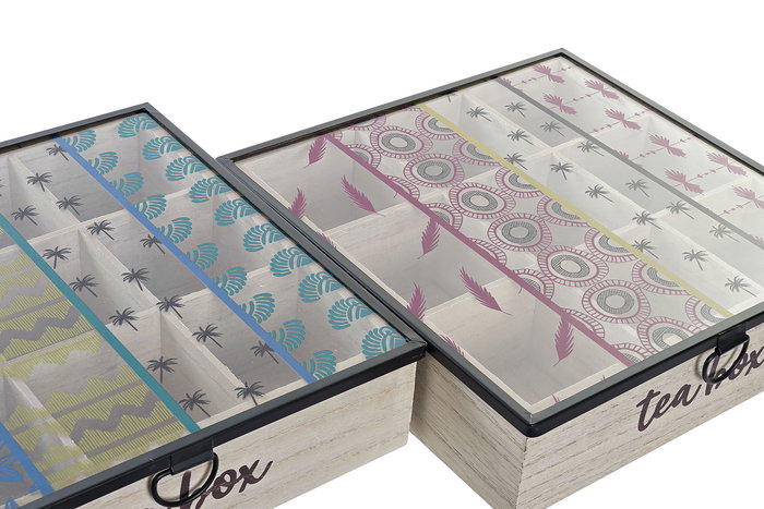 DKD Home Decor Caja Infusiones Colonial Azul Turquesa, en MDF, Cristal y Metal (Set de 4 Unidades) 24.5x6x24.5 cm