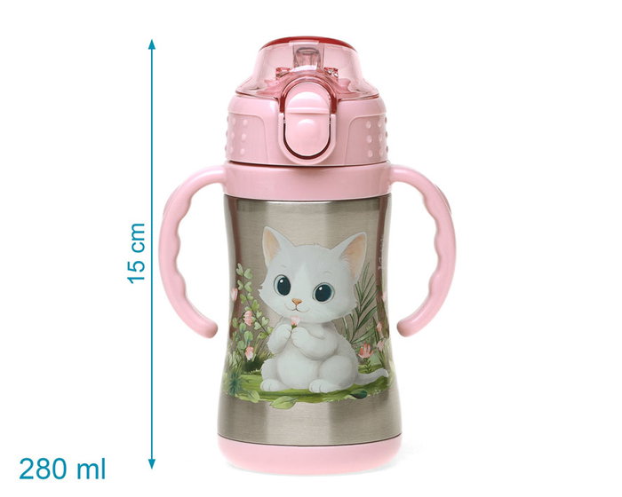 KioKids Botella Acero Inoxidable para Niños con Pajita y Asas - Diseño Gatito Rosa - 280 ml - Termo Mantiene Frío y Calor - +6 Meses