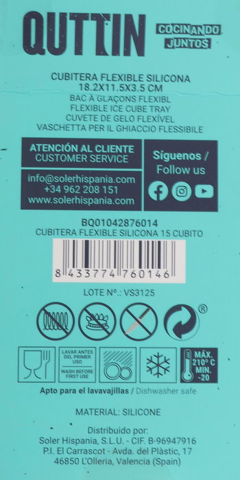 Quttin Cubitera Flexible de Silicona para 15 Cubitos de Hielo Medidas 18.2x11.5x3.5 cm (24 Unidades)