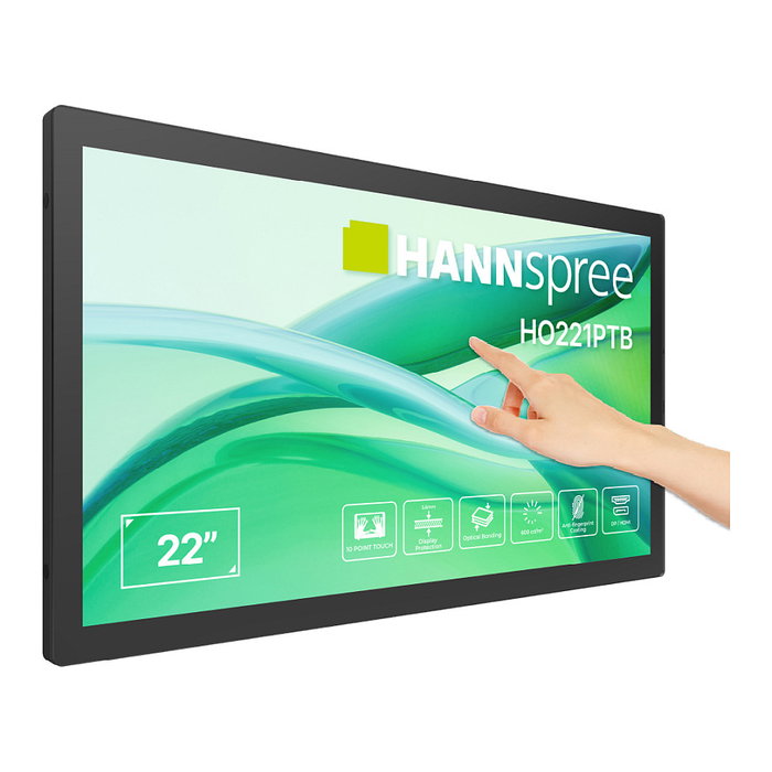 Hannspree HO221PTB Monitor Táctil 21.4" Full HD 1920x1080 para Señalización Digital, LCD, 16:9, VGA, HDMI, USB, 10 Puntos Táctiles, 600 cd/m², Altavoces, Montaje VESA