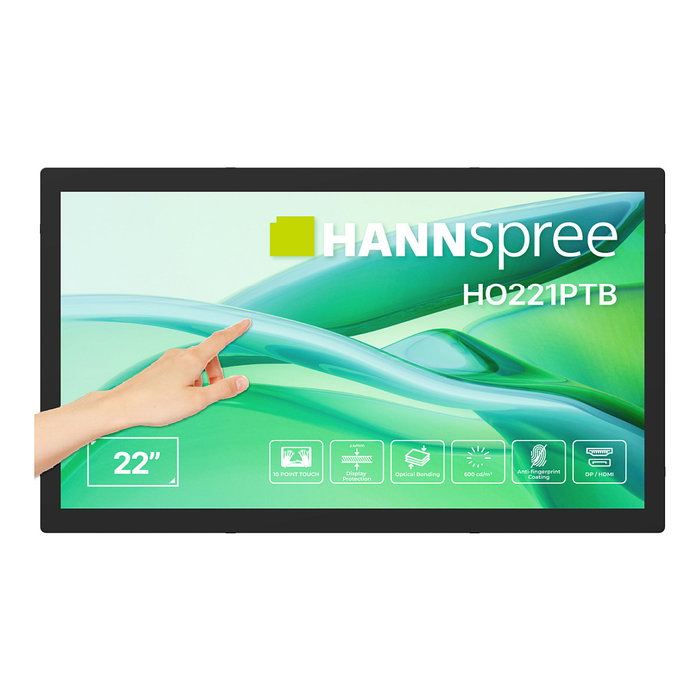 Hannspree HO221PTB Monitor Táctil 21.4" Full HD 1920x1080 para Señalización Digital, LCD, 16:9, VGA, HDMI, USB, 10 Puntos Táctiles, 600 cd/m², Altavoces, Montaje VESA