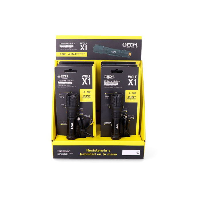 Wolf Linterna Táctica Recargable X1 550 Lúmenes con Zoom, Batería Litio 800mAh, USB-C, IP67 Sumergible, Aluminio (Ø32 x 139mm, Negra)