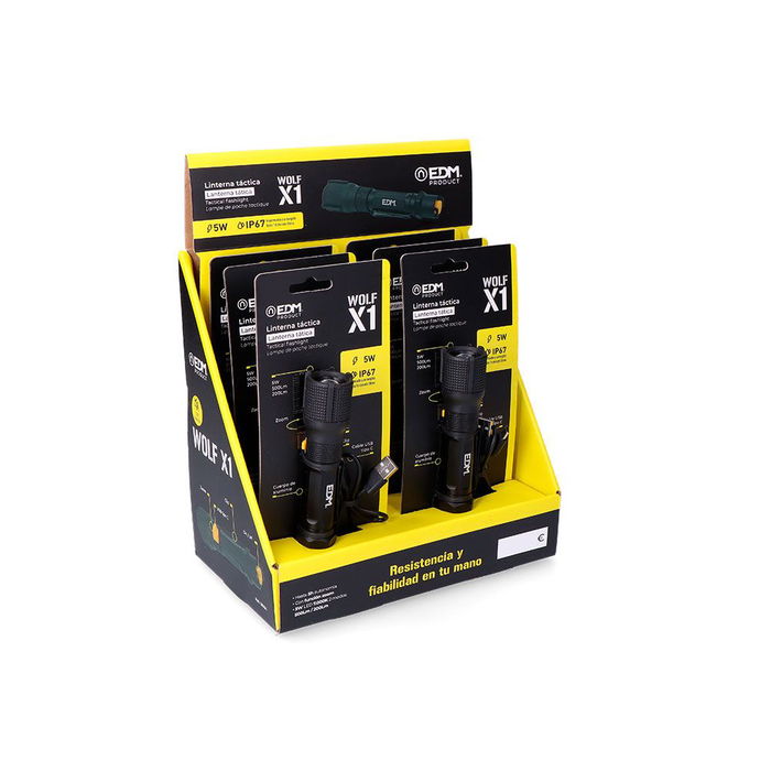 Wolf Linterna Táctica Recargable X1 550 Lúmenes con Zoom, Batería Litio 800mAh, USB-C, IP67 Sumergible, Aluminio (Ø32 x 139mm, Negra)