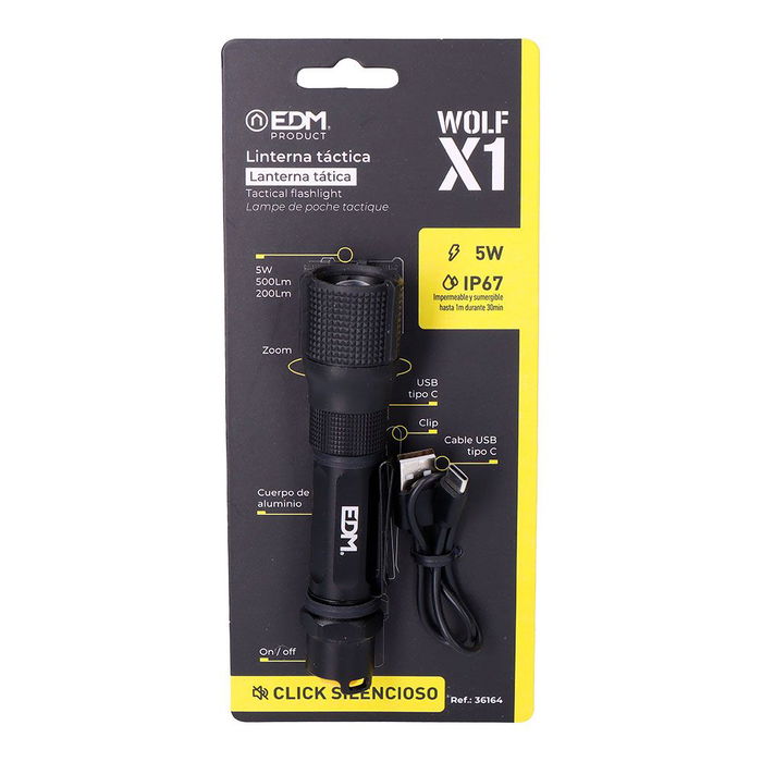 Wolf Linterna Táctica Recargable X1 550 Lúmenes con Zoom, Batería Litio 800mAh, USB-C, IP67 Sumergible, Aluminio (Ø32 x 139mm, Negra)