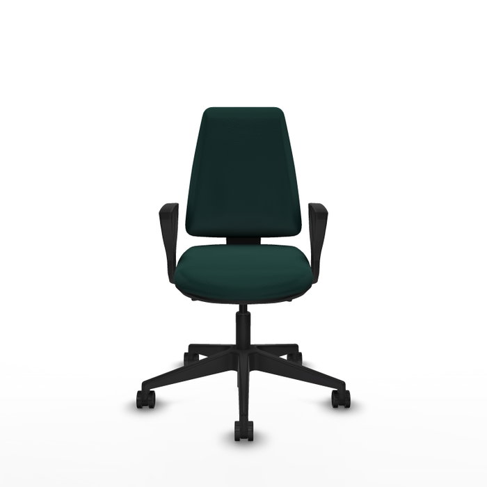 Silla de oficina Elche con mecanismo Asincro tapizada con Similpiel color Verde botella. Equipada con Base piramidal negra, Brazos fijos y Ruedas 65mm nailon