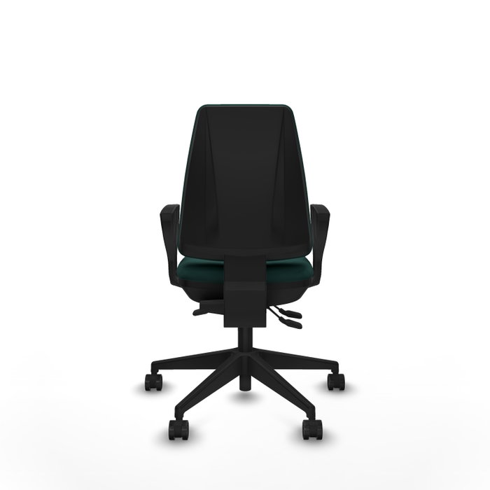Silla de oficina Elche con mecanismo Asincro tapizada con Similpiel color Verde botella. Equipada con Base piramidal negra, Brazos fijos y Ruedas 65mm nailon